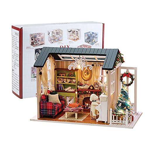 Miniatura de la Casa de Muñecas con Muebles de Navidad,Kit de Manualidades DIY Miniatura Mini Tamaño Casa de Muñecas Kits 3D Casa de Muñecas de Madera para Decoración de Regalo Cumpleaños de Navidad