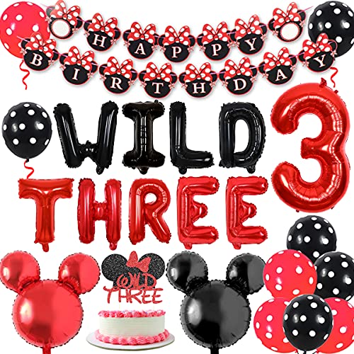 Minnie 3 Años Decoración de la Fiesta de Cumpleaños--Happy Birthday Banner wild Three Globo de Aluminio Adorno de Torta Número 3 Mickey Head Balloon Minnie Globos Decoración de Fiesta