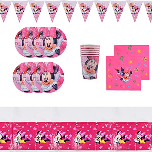 Minnie Decoraciones de Fiesta de cumpleaños, Set de Fiesta de cumpleaños de Minnie, Juego de Cubiertos de Minnie, Incluye platos, tazas, servilletas, manteles