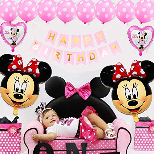 Minnie Globo Decoraciones de Cumpleaños, Mickey Cumpleaños 1 año Themed Decoraciones de Fiesta Mickey Party Globos de Látex Rosa Happy Birthday Banner para Niños Fiestas(Rosa)