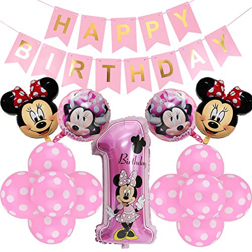 Minnie Globo Decoraciones de Cumpleaños, Mickey Cumpleaños 1 año Themed Decoraciones de Fiesta Mickey Party Globos de Látex Rosa Happy Birthday Banner para Niños Fiestas(Rosa)