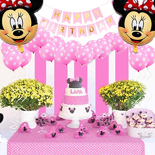 Minnie Globo Decoraciones de Cumpleaños, Mickey Cumpleaños 1 año Themed Decoraciones de Fiesta Mickey Party Globos de Látex Rosa Happy Birthday Banner para Niños Fiestas(Rosa)