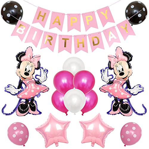 Minnie Globo Decoraciones ​de umpleaños de Minnie Mouse Temática Rosado de Globo de Aluminio Digital set Happy Birthday Party Supplies para Decoraci ón de Niños 15 Piezas