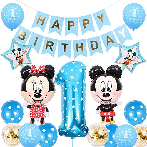 Minnie Globos, Decoraciones de Cumpleaños de Mickey Mouse, 1er Cumpleaños Bebe Azul Globos Decoraciones de Fiesta Temática Azul de Mickey Globos de Confeti de Latex (Azul y rosa al azar)