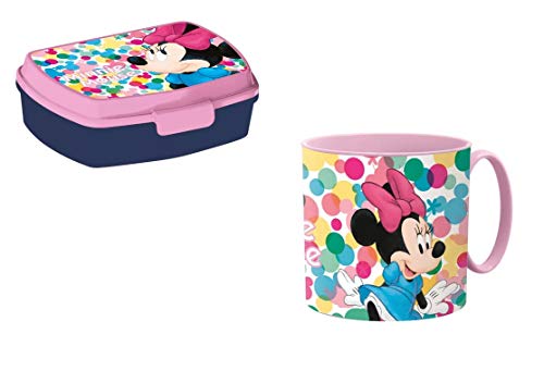 Minnie - Taza y fiambrera de plástico reutilizable y rígida (1 taza con asa y 1 fiambrera de plástico reutilizable)