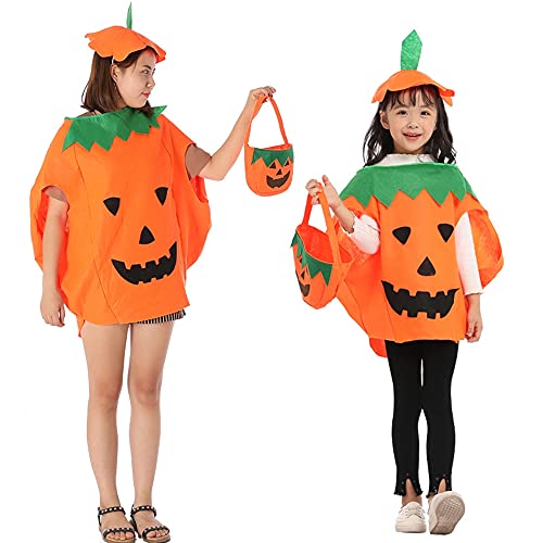 Miss-shop Disfraz de Calabaza, Disfraz de Calabaza de Halloween para Niños Halloween Ropa de Fiesta Cosplay Ropa con Gorro y Bolsas de Dulces para Niños