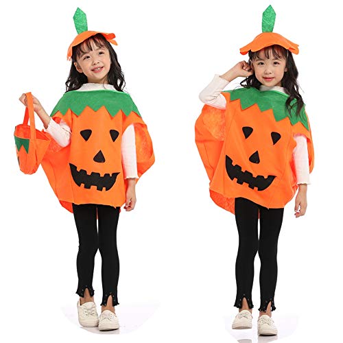 Miss-shop Disfraz de Calabaza, Disfraz de Calabaza de Halloween para Niños Halloween Ropa de Fiesta Cosplay Ropa con Gorro y Bolsas de Dulces para Niños