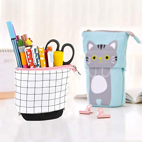 Miweel 2 Bolsas de Lápices de Pie Transformador Organizador de Lápices Telescópico de PU Lona de Gato Lindo de Dibujo Animado Bolsa de Cosméticos Maquillaje con Cremallera para Navidad