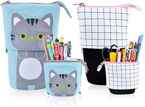 Miweel 2 Bolsas de Lápices de Pie Transformador Organizador de Lápices Telescópico de PU Lona de Gato Lindo de Dibujo Animado Bolsa de Cosméticos Maquillaje con Cremallera para Navidad