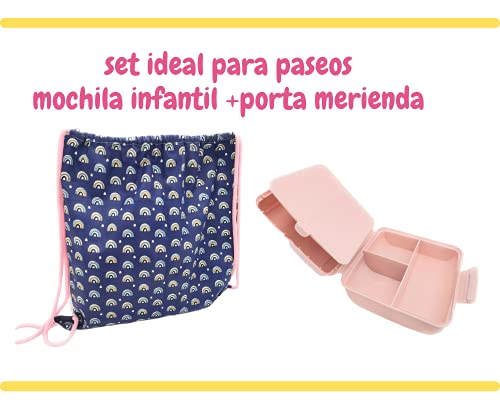 Mochila de Cuerdas para Pintar con Fiambrera Lunch Box Tupper Infantil ideal como Porta Bocadillos con Compartimentos Bolsa de Algodón para llevar Almuerzo de Niños Escolares.