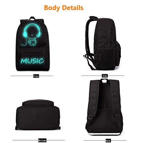 Mochila escolar, Mochila luminosa unisex, liviana, resistente al agua Mochila Mochila escolar con puerto de carga USB para niños, niñas, adolescentes, estudiantes, negro