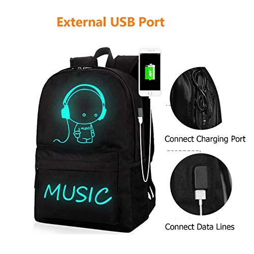 Mochila escolar, Mochila luminosa unisex, liviana, resistente al agua Mochila Mochila escolar con puerto de carga USB para niños, niñas, adolescentes, estudiantes, negro