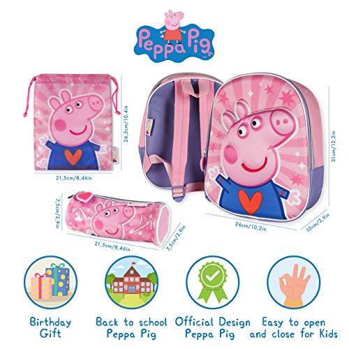 Mochila Infantil 3D, Estuche Escolar y Bolsa Merienda de Cuerdas Pack - Peppa Pig | Mochilas Escolares para Niñas y Niños a Partir de 3 Años | Material Escolar Vuelta al Cole de Peppa Pig