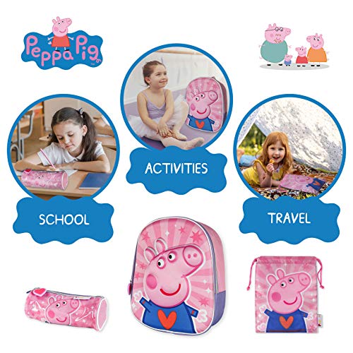 Mochila Infantil 3D, Estuche Escolar y Bolsa Merienda de Cuerdas Pack - Peppa Pig | Mochilas Escolares para Niñas y Niños a Partir de 3 Años | Material Escolar Vuelta al Cole de Peppa Pig