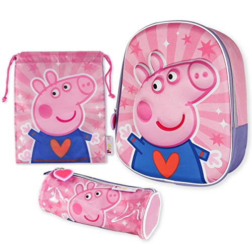 Mochila Infantil 3D, Estuche Escolar y Bolsa Merienda de Cuerdas Pack - Peppa Pig | Mochilas Escolares para Niñas y Niños a Partir de 3 Años | Material Escolar Vuelta al Cole de Peppa Pig