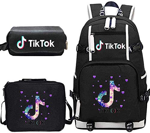 Mochila Mochila + Bolsa de Almuerzo + Estuche para lápices Juego de Tres Piezas TIK Tok Student School Bag-E-re_un tamaño