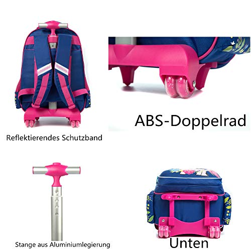 Mochila Unicornio Escolar con Ruedas niña,Estilo Princesa Estudiantes de Primaria Carros para Mochilas Bolsa de Almuerzo Estuche Escolares Equipaje de Viaje Multifuncional(Azul)