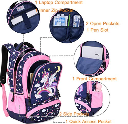 Mochila Unicornio Niños Impermeable Mochila Escolar para Adolescente Pequeñas Mochilas Infantil Bolso para Chicas para La Escuela,Viajes,Intemperie Juego de 3 - Azul Navy