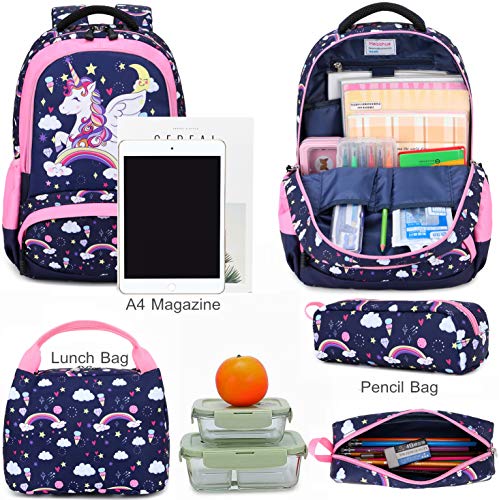 Mochila Unicornio Niños Impermeable Mochila Escolar para Adolescente Pequeñas Mochilas Infantil Bolso para Chicas para La Escuela,Viajes,Intemperie Juego de 3 - Azul Navy