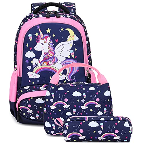 Mochila Unicornio Niños Impermeable Mochila Escolar para Adolescente Pequeñas Mochilas Infantil Bolso para Chicas para La Escuela,Viajes,Intemperie Juego de 3 - Azul Navy