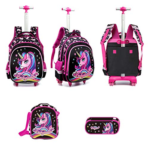 Mochilas Escolares con Ruedas Unicornio, Sets de Mochila Trolley Escuela Primaria Niñas Mochila Carro con Bolsa del Almuerzo Estuche para lápices Bolsas Escolares para Niño IR al Colegio Viaje