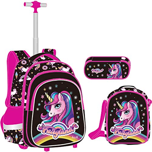 Mochilas Escolares con Ruedas Unicornio, Sets de Mochila Trolley Escuela Primaria Niñas Mochila Carro con Bolsa del Almuerzo Estuche para lápices Bolsas Escolares para Niño IR al Colegio Viaje