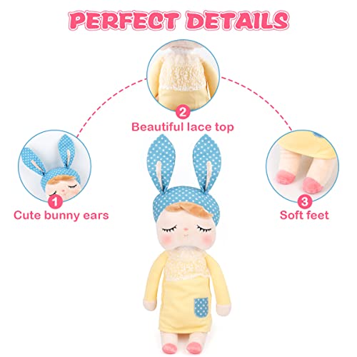 MOMSIV 13'' MeToo Angela Sleeping Bunny Rabbit Girl Baby Stuffed Plush Dolls Toys, Blue Ears with Yellow Dress