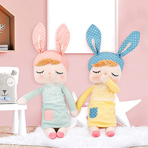 MOMSIV 13'' MeToo Angela Sleeping Bunny Rabbit Girl Baby Stuffed Plush Dolls Toys, Blue Ears with Yellow Dress