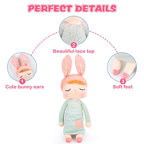 MOMSIV 13'' MeToo Angela Sleeping Bunny Rabbit Girl Baby Stuffed Plush Dolls Toys, Pink Ears with Grey Dress