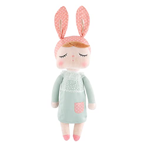 MOMSIV 13'' MeToo Angela Sleeping Bunny Rabbit Girl Baby Stuffed Plush Dolls Toys, Pink Ears with Grey Dress