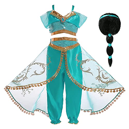 Monissy Niña Aladdin Princesa Jasmine Disfraz Tops Pantalones Manga Corta Traje Cosplay Actuación Carnaval Navidad Regalo Cumpleaños Danza Vientre Vestido de Princesa 3-10Años 110-150cm