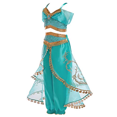 Monissy Niña Aladdin Princesa Jasmine Disfraz Tops Pantalones Manga Corta Traje Cosplay Actuación Carnaval Navidad Regalo Cumpleaños Danza Vientre Vestido de Princesa 3-10Años 110-150cm