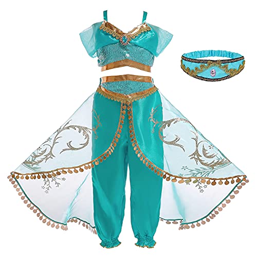 Monissy Niña Aladdin Princesa Jasmine Disfraz Tops Pantalones Manga Corta Traje Cosplay Actuación Carnaval Navidad Regalo Cumpleaños Danza Vientre Vestido de Princesa 3-10Años 110-150cm