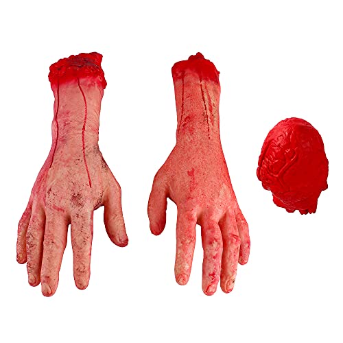 MOPOIN Manos de Decoración de Halloween, Mano de Goma de 3 Partes Manos de Brazo de Halloween Corazón Ensangrentado Nanchado de Sangre Decoración de Halloween Horror