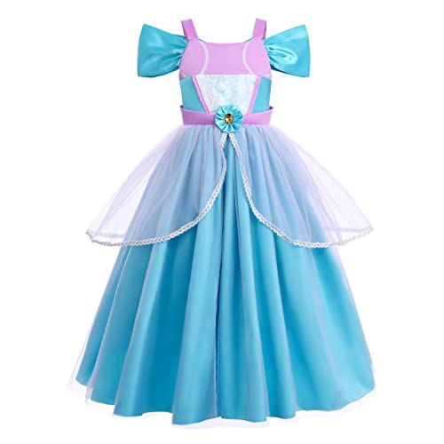 Muchacha Disfraz de Sirena Cosplay Vestido de Fiesta de Cumpleaños Navidad Carnaval Niñas Hombro frío Tul Falda + Peluca + Corona Pendientes Collar Accesorios Juego Completo Azul Claro 5-6 Años