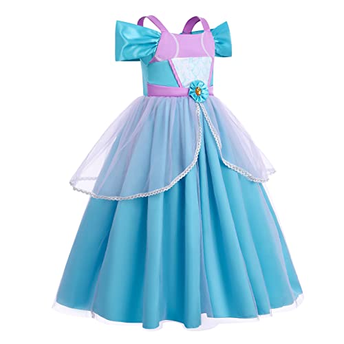 Muchacha Disfraz de Sirena Cosplay Vestido de Fiesta de Cumpleaños Navidad Carnaval Niñas Hombro frío Tul Falda + Peluca + Corona Pendientes Collar Accesorios Juego Completo Azul Claro 5-6 Años