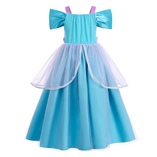 Muchacha Disfraz de Sirena Cosplay Vestido de Fiesta de Cumpleaños Navidad Carnaval Niñas Hombro frío Tul Falda + Peluca + Corona Pendientes Collar Accesorios Juego Completo Azul Claro 5-6 Años