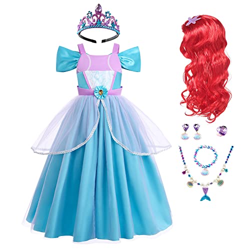 Muchacha Disfraz de Sirena Cosplay Vestido de Fiesta de Cumpleaños Navidad Carnaval Niñas Hombro frío Tul Falda + Peluca + Corona Pendientes Collar Accesorios Juego Completo Azul Claro 5-6 Años