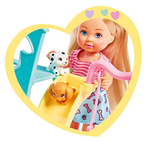 Muñeca Evi Love Puppy Fun, con 3 Cachorros de Perro y un fantástico Espacio de Juego para Perros, Columpio, tobogán y Cochecito 2 en 1, 12 cm, Adecuado para niños a Partir de 3 años