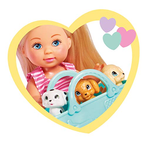 Muñeca Evi Love Puppy Fun, con 3 Cachorros de Perro y un fantástico Espacio de Juego para Perros, Columpio, tobogán y Cochecito 2 en 1, 12 cm, Adecuado para niños a Partir de 3 años