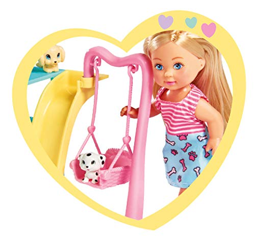 Muñeca Evi Love Puppy Fun, con 3 Cachorros de Perro y un fantástico Espacio de Juego para Perros, Columpio, tobogán y Cochecito 2 en 1, 12 cm, Adecuado para niños a Partir de 3 años