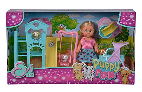 Muñeca Evi Love Puppy Fun, con 3 Cachorros de Perro y un fantástico Espacio de Juego para Perros, Columpio, tobogán y Cochecito 2 en 1, 12 cm, Adecuado para niños a Partir de 3 años