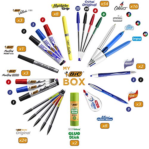 My BIC Box Caja de 124 productos de escritura – 75 bolígrafos, 24 portaminas, 8 cintas correctoras, 7 rotuladores, 8 rotuladores y 2 barras de pegamento blanco (21 g)