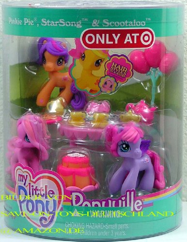 My little Pony - Ponyville - Target Exclusive - CUPCAKE FIESTA - Super 3-Pack - Incluye mesa y bolitas y accesorios - Pinkie Pie & Star Song & Scootaloo - ¡Con estilos de pelo en un instante!