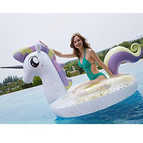 Myir Flotador Inflable del Unicornio Transparente, Gigante Colchoneta Hinchable con Lentejuelas para Piscina Hinchables Juguete Adultos Niños Agua Fiesta Natación (Unicornio Lentejuelas)