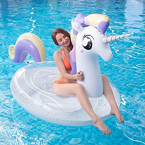 Myir Flotador Inflable del Unicornio Transparente, Gigante Colchoneta Hinchable con Lentejuelas para Piscina Hinchables Juguete Adultos Niños Agua Fiesta Natación (Unicornio Lentejuelas)