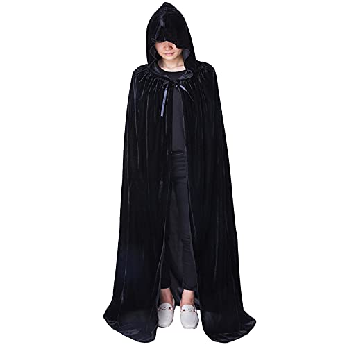 Myir JUN Largo Capa con Capucha Terciopelo, Unisex Adulto Niños Disfraz de Halloween Fiesta Disfraces Vampiro Traje (Negro, L)