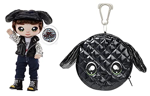 Na Na Na Surprise Muñeco de moda 2 en 1 y bolso metálico Serie Glam - Coleccionable - Muñeco moreno con gorra de orejas de perro y bolso en forma de perrito - Maxwell Dane