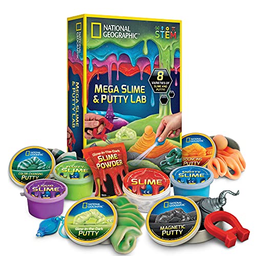 NATIONAL GEOGRAPHIC Mega Slime Kit & Putty Lab – 4 Tipos de increíble Limo para niñas y niños más 4 Tipos de Masilla Incluyendo Masilla magnética, esponjosa y Masilla Que Brilla en la Oscuridad