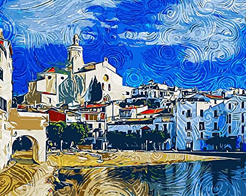 Natthink Pintar por números Adultos Cadaqués. Kit de Pintura por números con Pinturas y Pinceles. 50x40 cm. Paisaje Cadaqués Costa Brava (Sin Marco)